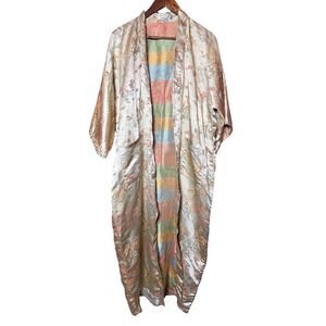 Vintage Men NA Silky‎ Multicolor Stripe Lining Floral Kimono Robe Traditional